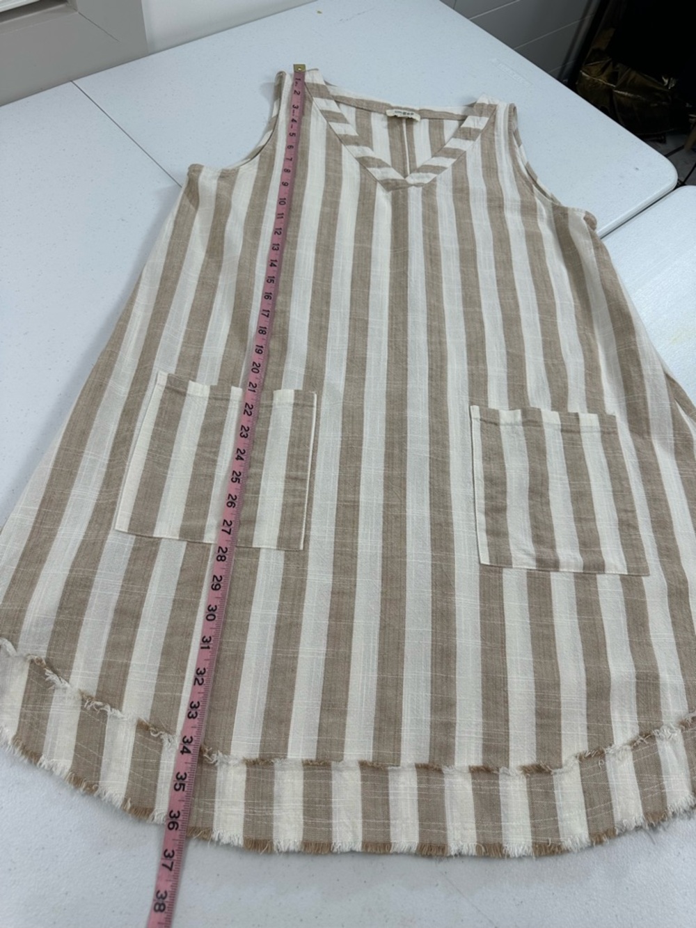 Umgee Beige & White Vertical Stripe Sleeveless Mini Dress - Picture 5 of 7
